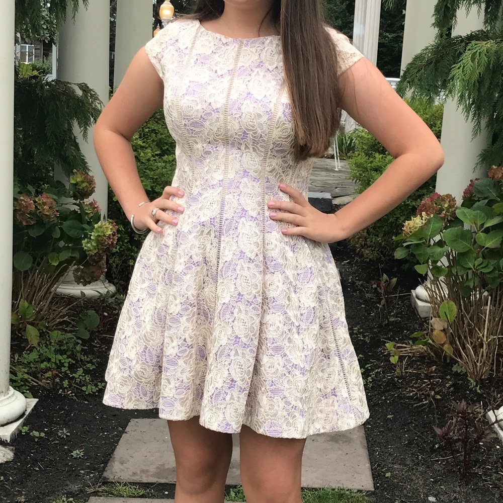 SIZE 10 LA FEMME PURPLE AND NUDE LACED DRESS
